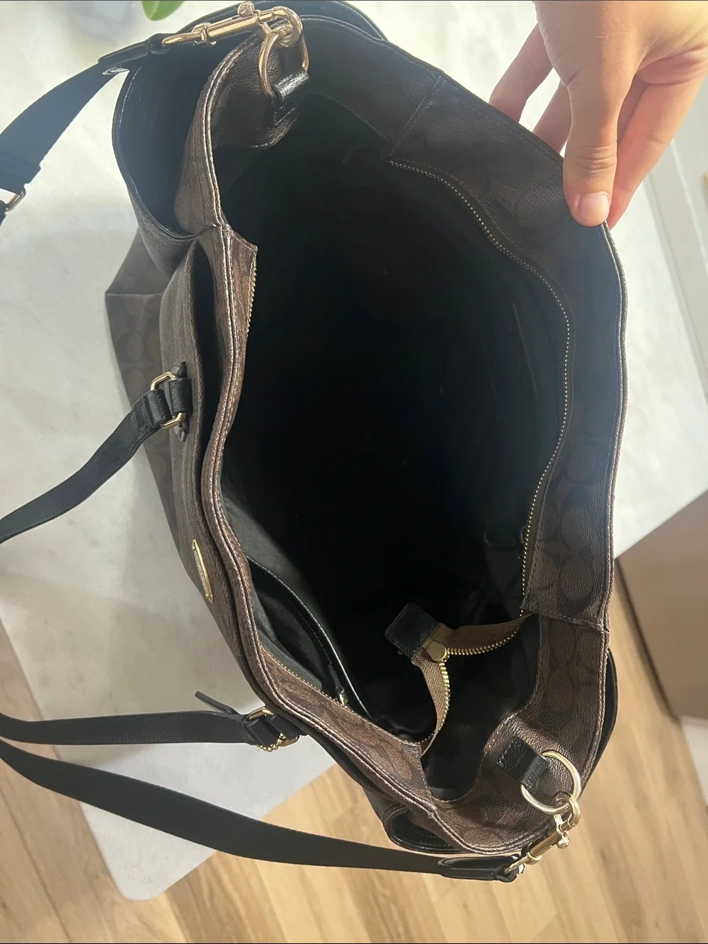 Coach Brown Signature Tote with Black Straps and Gold Hardware